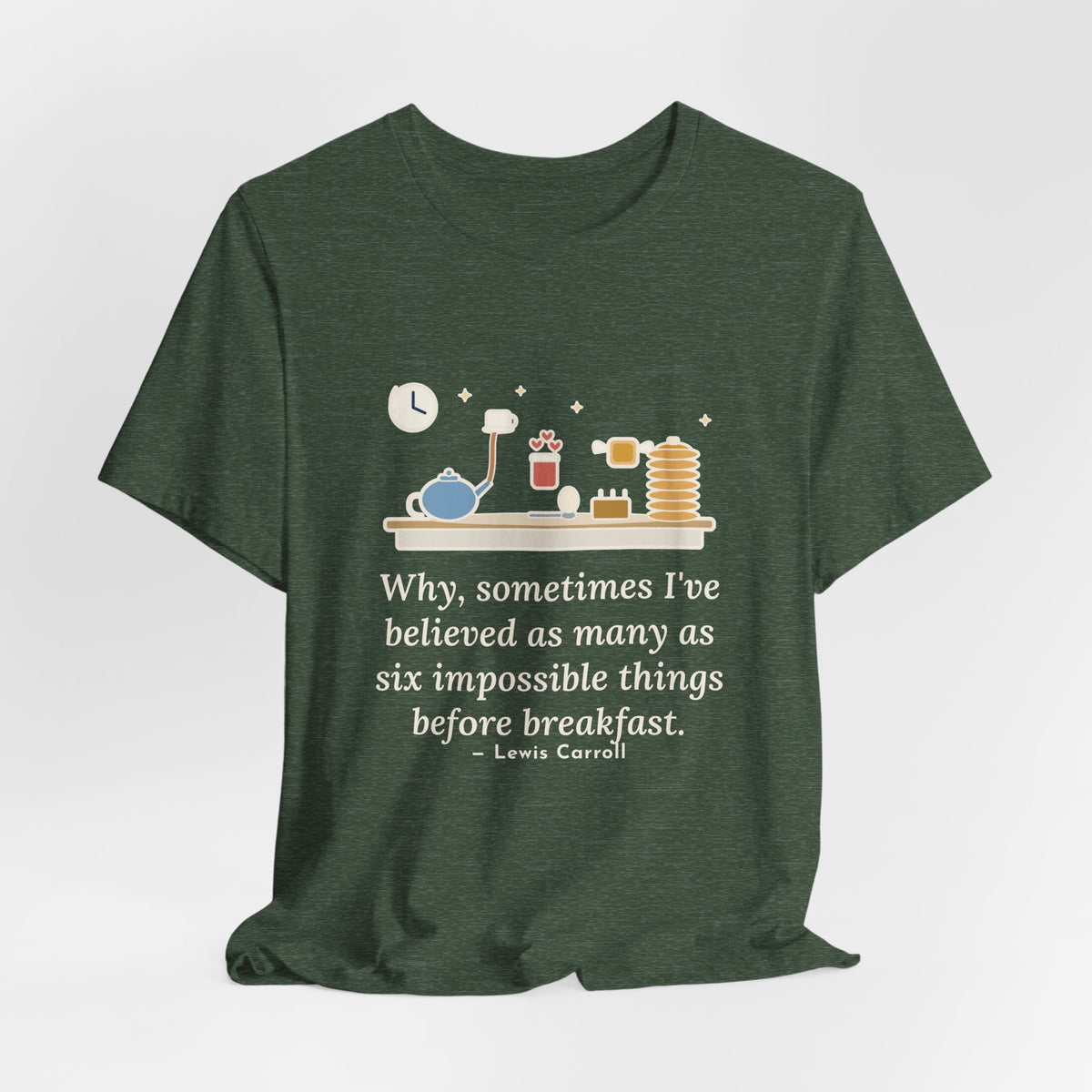 Lewis Carroll Literary Quote T-Shirt, Six Impossible Things Before Breakfast, Whimsical Floating Breakfast Tee