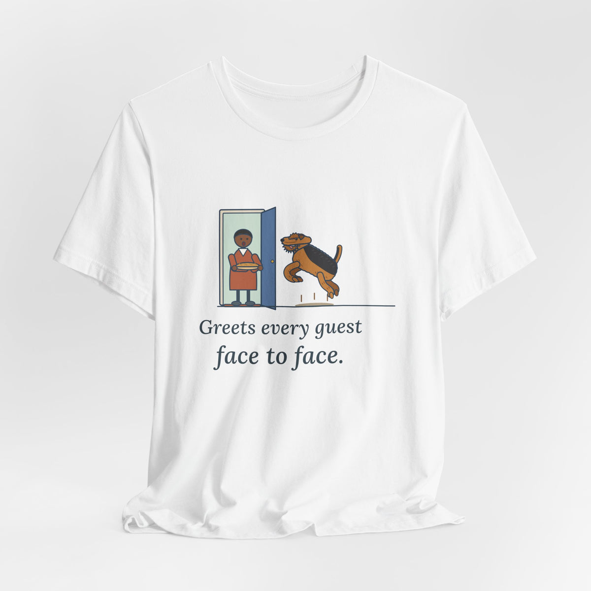 Airedale Terrier T-Shirt - Greets Every Guest Face to Face, Funny Airedale Boing Tee