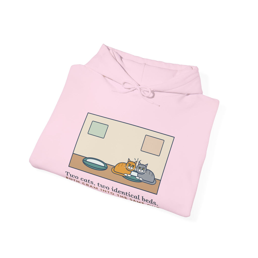 Funny Two Cats Hoodie, Two Identical Beds, Both Cram into the Same One and Glare