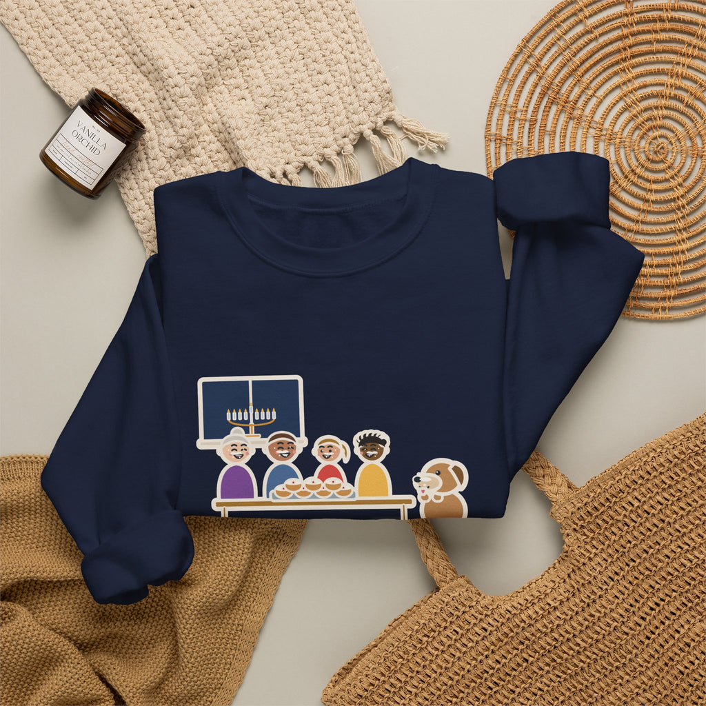 Hanukkah Sweatshirt, One Tray of Jelly Doughnuts, Powdered Sugar on Every Face, the Dog's Too, Funny Sugar Mustaches Crewneck
