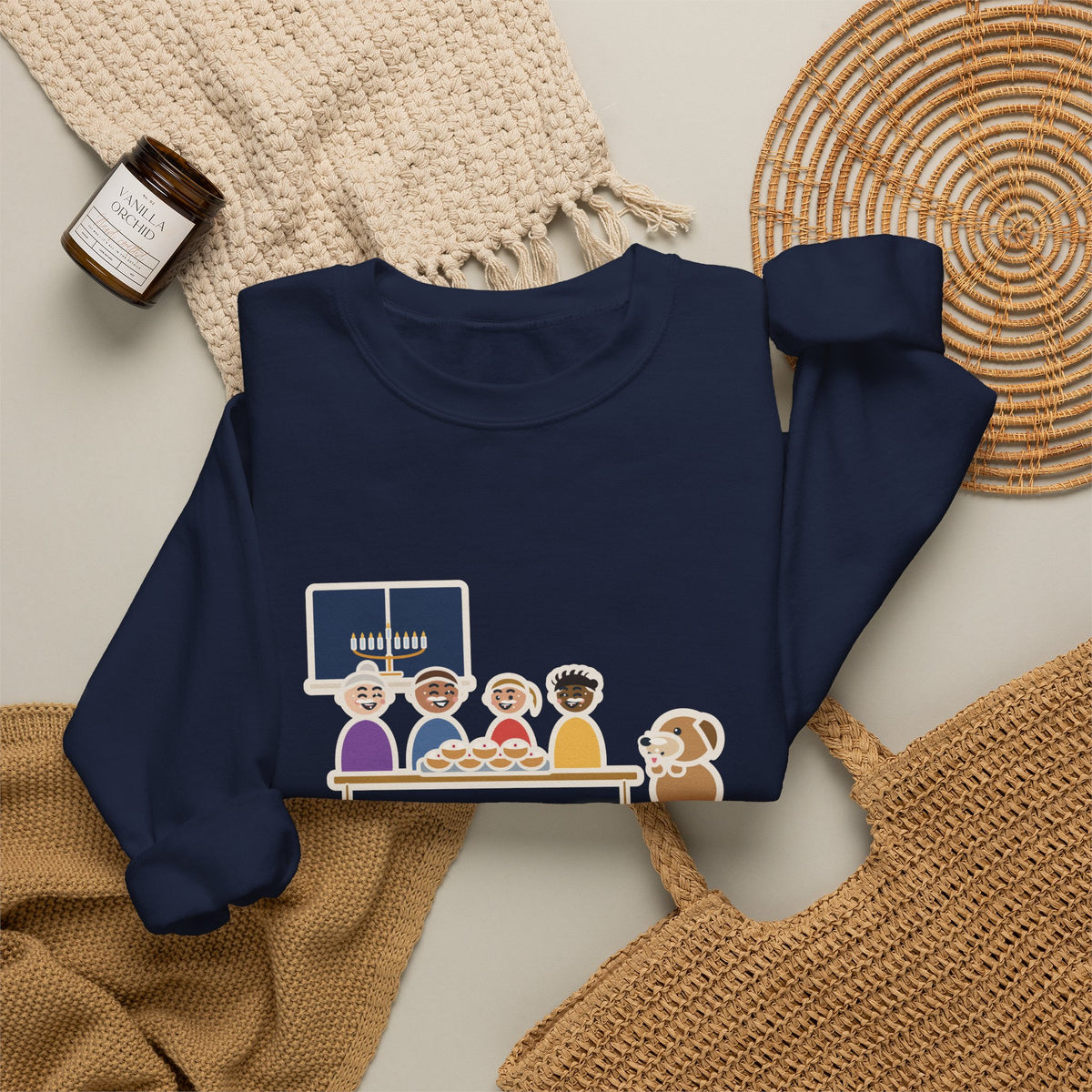Hanukkah Sweatshirt, One Tray of Jelly Doughnuts, Powdered Sugar on Every Face, the Dog's Too, Funny Sugar Mustaches Crewneck