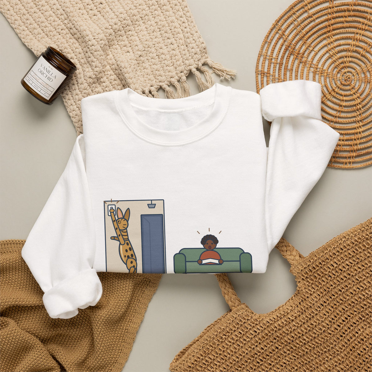 Serengeti Cat Crewneck Sweatshirt - Long-Legged Spotted Cat at the Light Switch