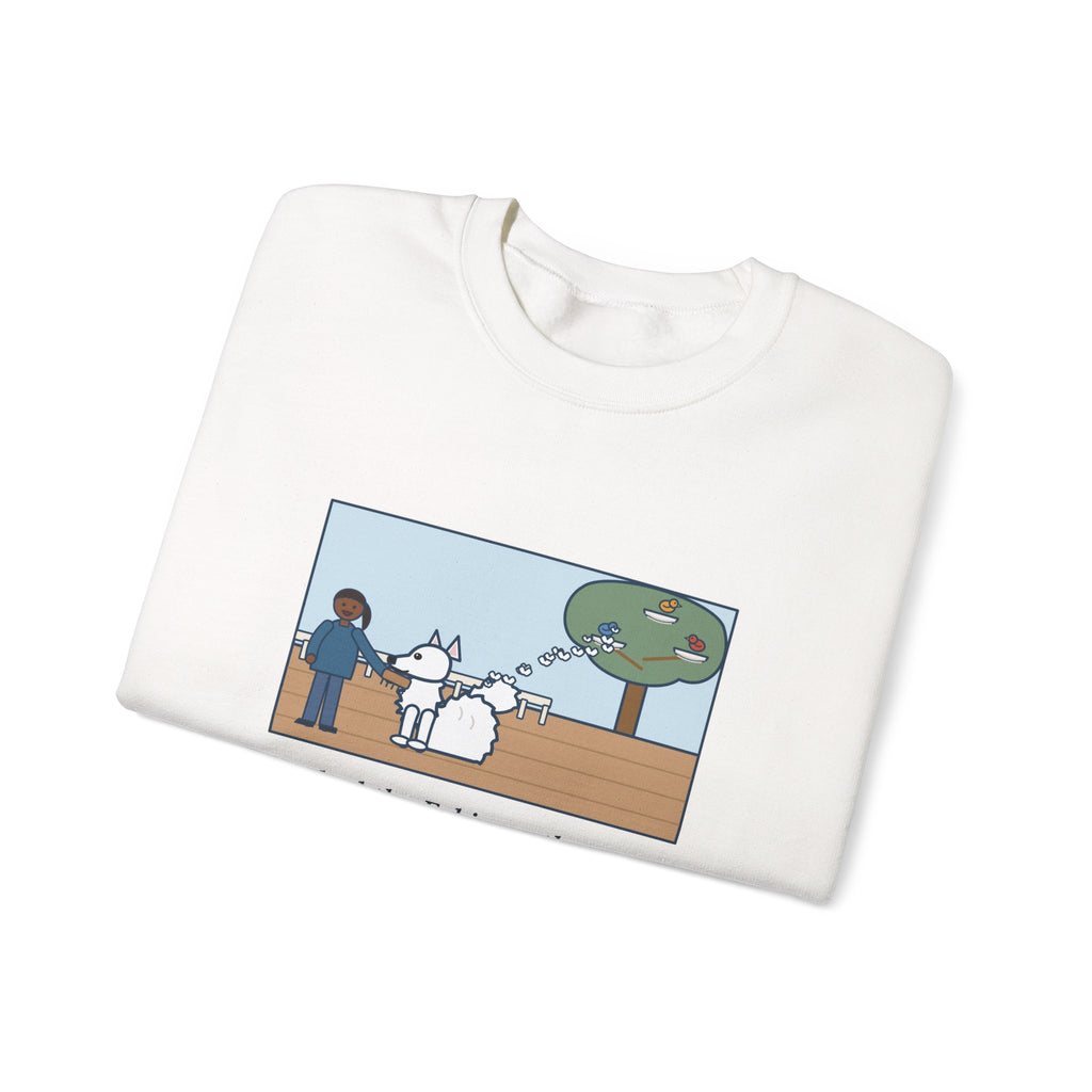 American Eskimo Dog Sweatshirt, Brushed the Eskie on the Porch, The Birds Built Three Nests from It, Funny Porch Brushing Crewneck