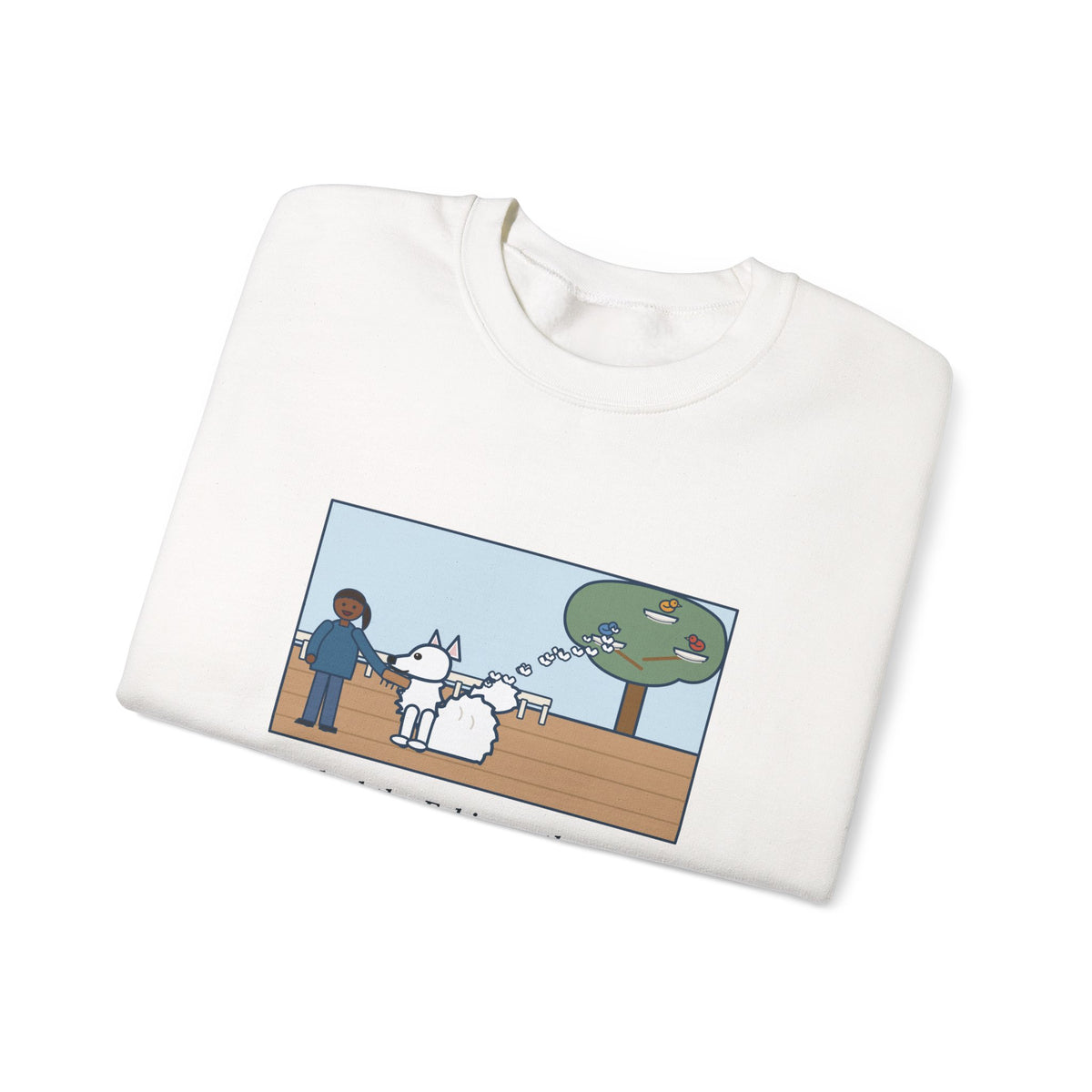 American Eskimo Dog Sweatshirt, Brushed the Eskie on the Porch, The Birds Built Three Nests from It, Funny Porch Brushing Crewneck