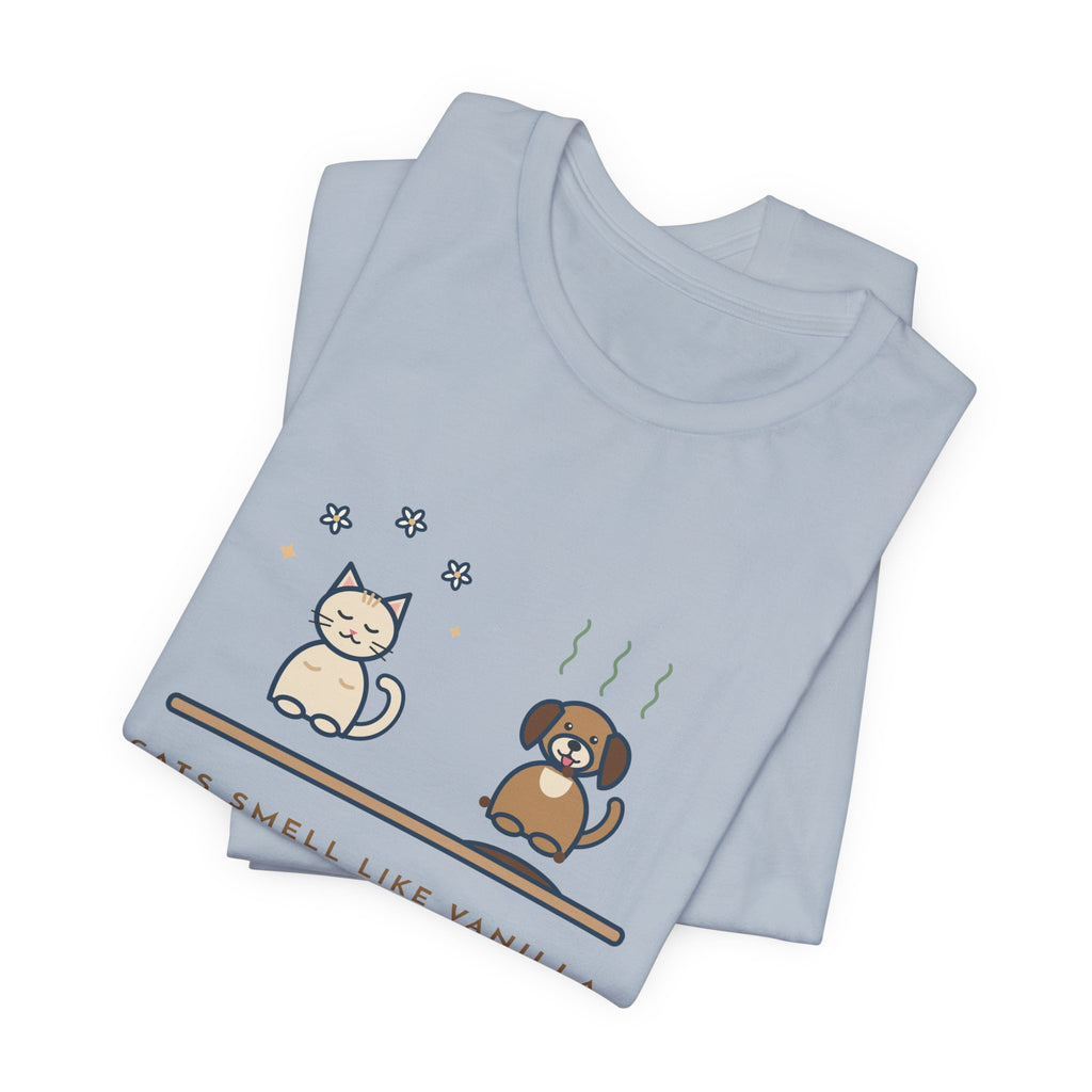 Funny Pet Humor T-Shirt, Cats Smell Like Vanilla, Dogs Smell Like Dogs, Original Illustrated Shirt