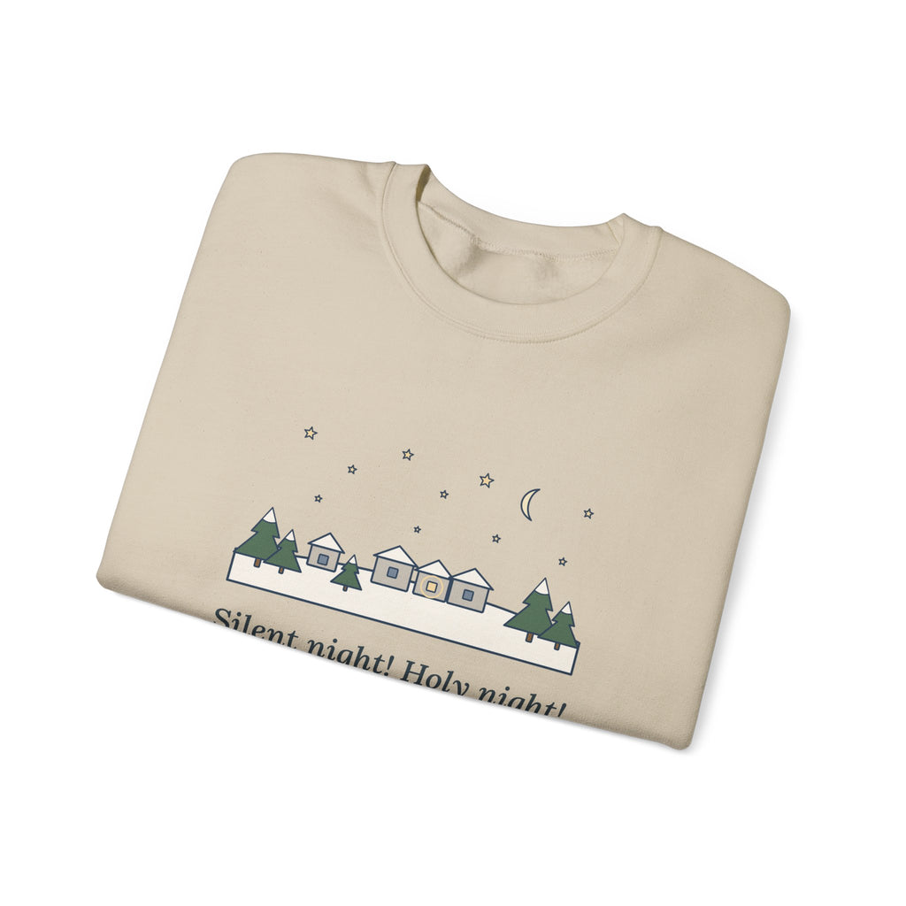 All Is Calm, All Is Bright Sweatshirt, Christmas Joseph Mohr Quote Crewneck with Snowy Village Night