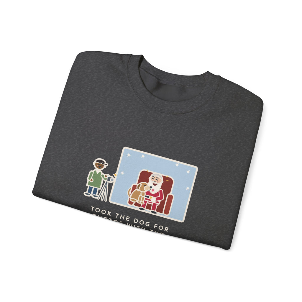 Holiday Photo Sweatshirt, Took the Dog for Photos with the Man in the Red Suit, He Licked the Beard, Funny Photo Set Crewneck