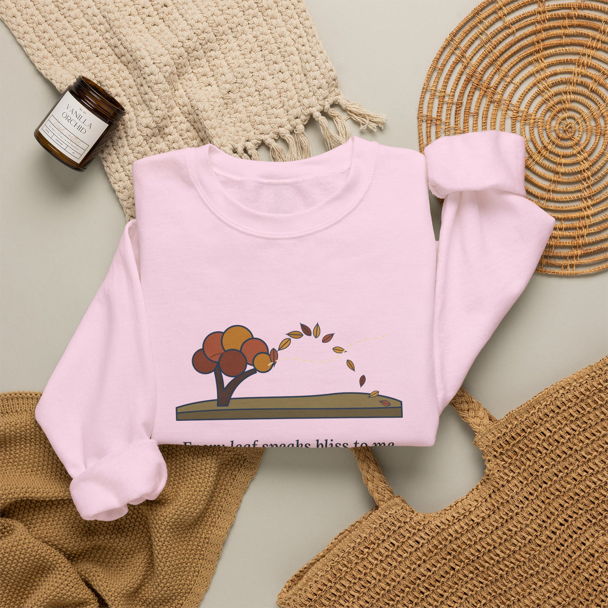 Every Leaf Speaks Bliss to Me Sweatshirt, Autumn Emily Brontë Quote Crewneck with Windswept Moor Tree