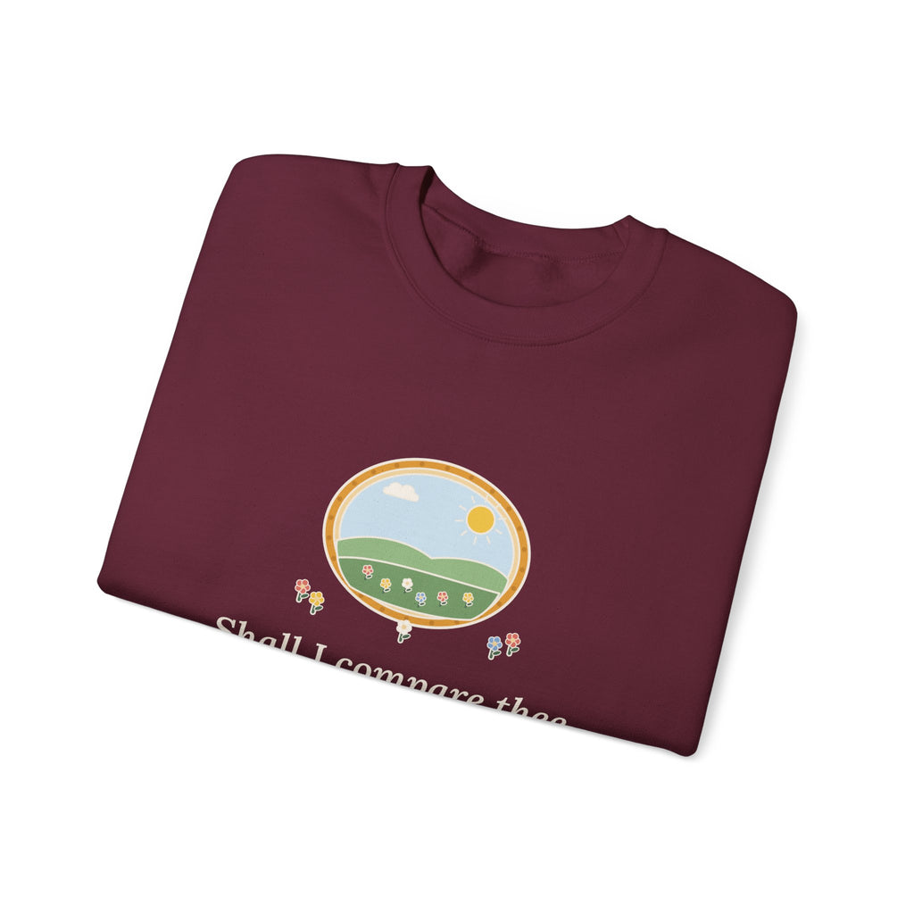 Shall I Compare Thee to a Summer's Day Sweatshirt, Love Shakespeare Quote Crewneck with Framed Meadow