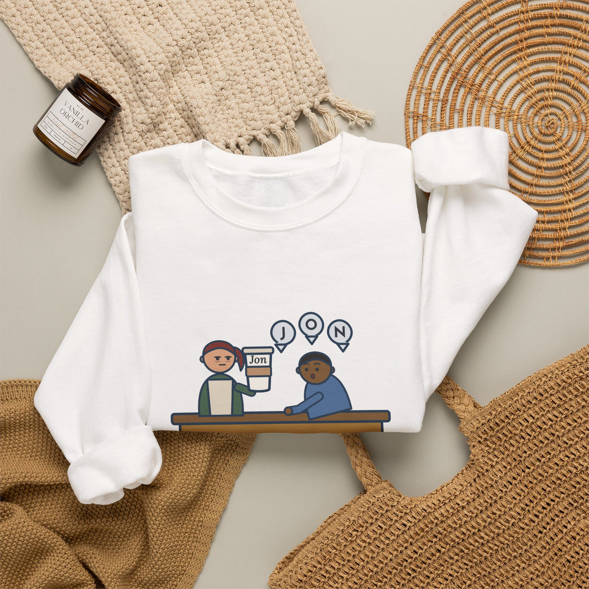 Funny Barista Crewneck Sweatshirt - He Spelled Jon for Me, Letter by Letter