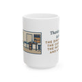 Funny Thanksgiving 15oz Mug, Four Mismatched Tables, Large Coffee Mug for the Big Family Host