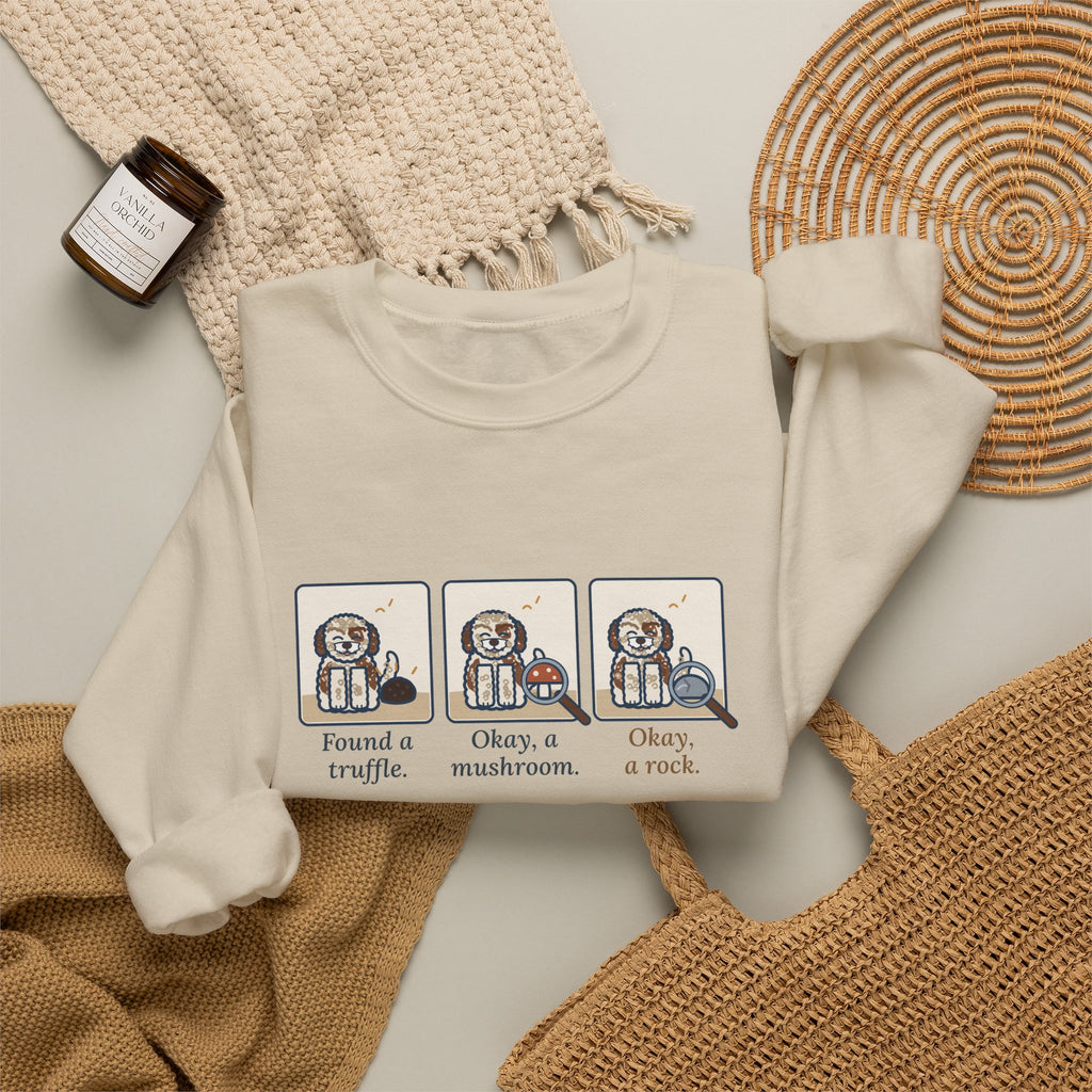 Lagotto Romagnolo Crewneck Sweatshirt - Truffle, Mushroom, Rock Three-Panel Dog Comic