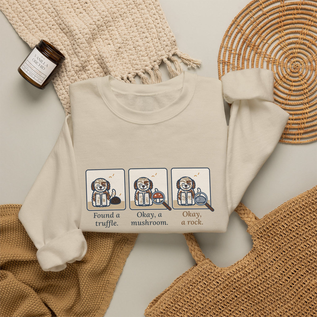 Lagotto Romagnolo Crewneck Sweatshirt - Truffle, Mushroom, Rock Three-Panel Dog Comic