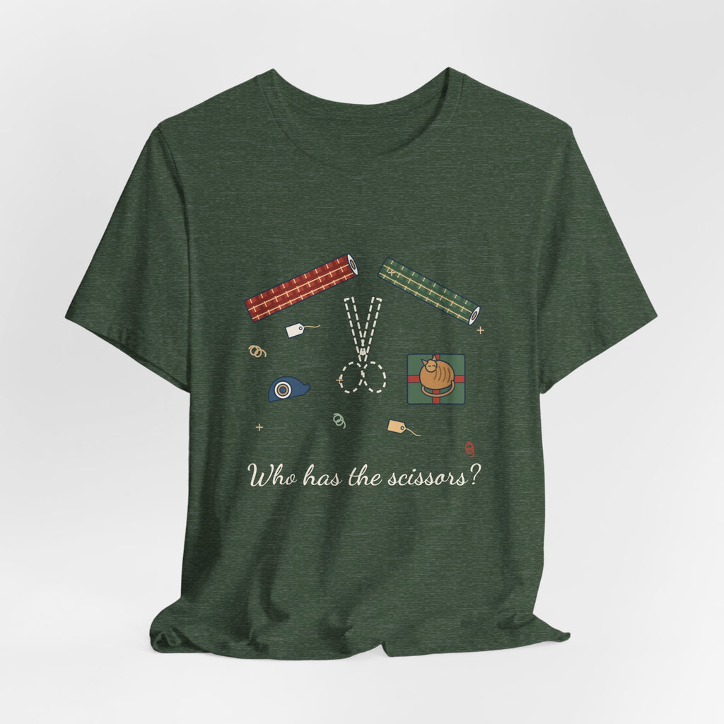 Funny Christmas T-Shirt - Who Has the Scissors? Gift Wrapping Tee