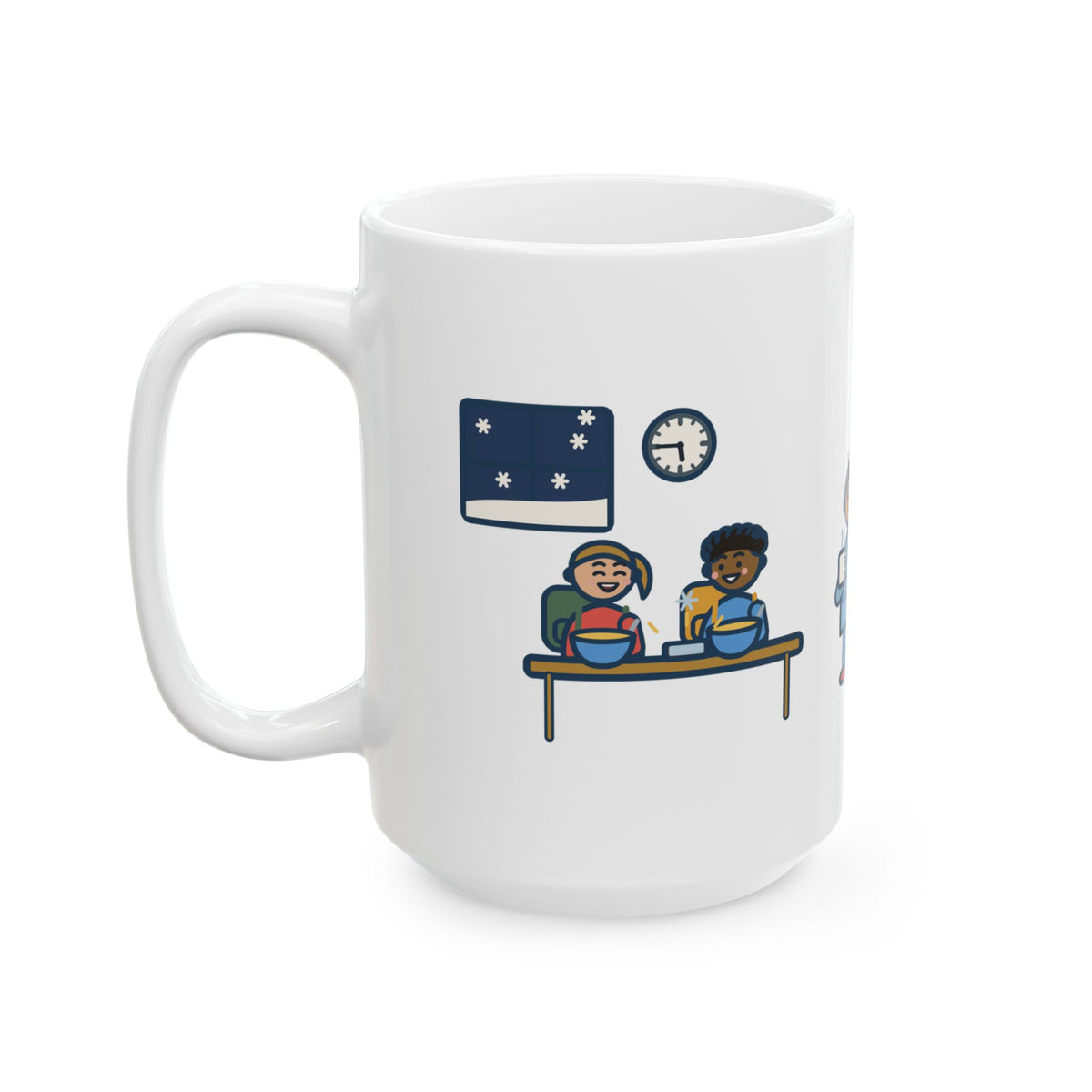 Announced at 5:45 a.m., Both Kids Already Dressed and Eating Cereal 15oz Mug, Large Funny Two-Hour Delay Coffee Mug