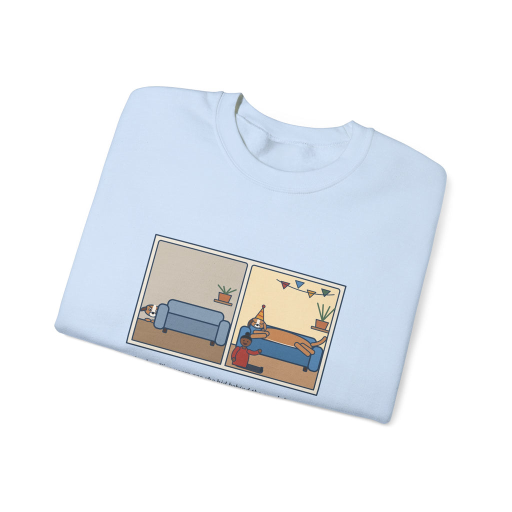 Gotcha Day Sweatshirt, Five Years Ago She Hid Behind the Couch, Now the Couch Is Hers, Funny Then and Now Crewneck
