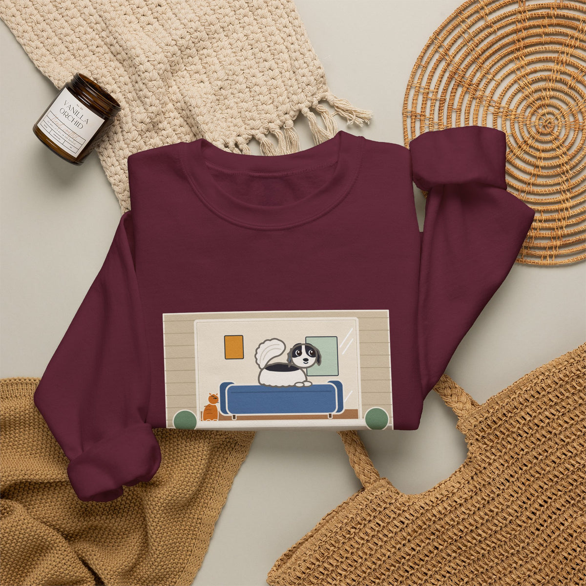 Japanese Chin Sweatshirt, Perched on the Back of the Couch Like a Cat, Watching the Street, Funny Window Lookout Crewneck