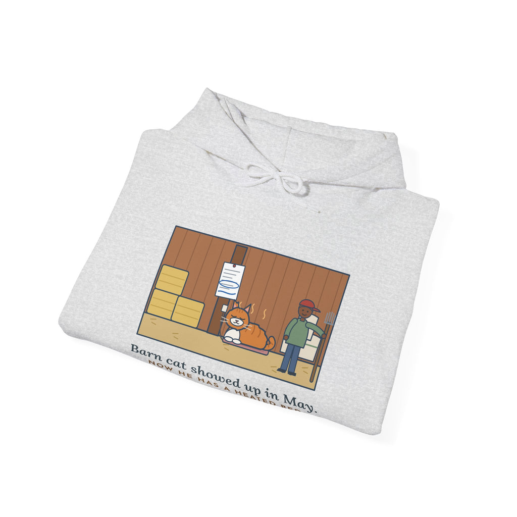 Funny Barn Cat Hoodie, Showed Up in May, Now He Has a Heated Bed and His Name on the Feed Bill