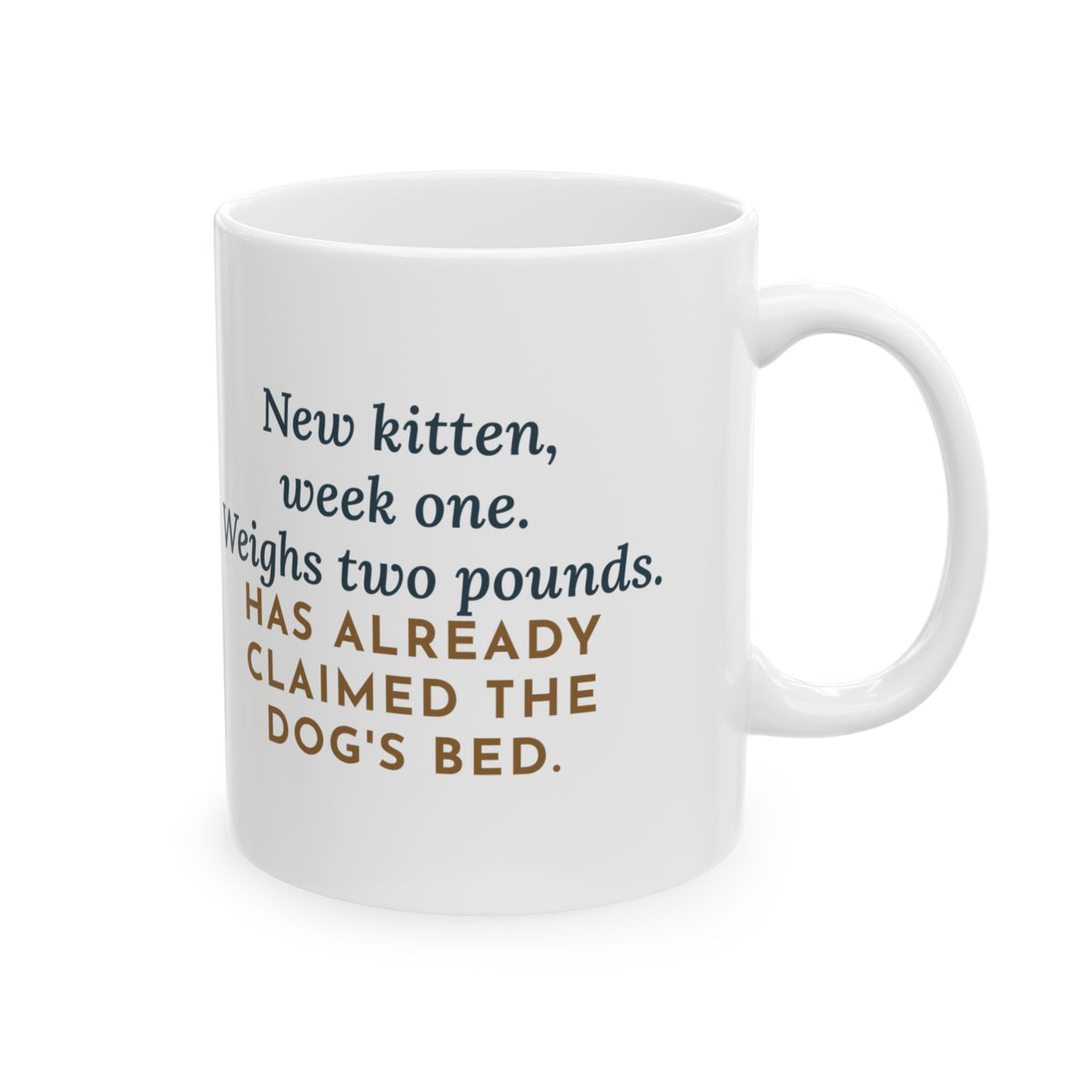 New Kitten Mug, Week One, Two Pounds, Already Claimed the Dog's Bed, Funny Coffee Mug 11oz