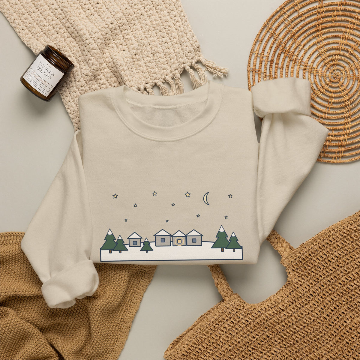 All Is Calm, All Is Bright Sweatshirt, Christmas Joseph Mohr Quote Crewneck with Snowy Village Night