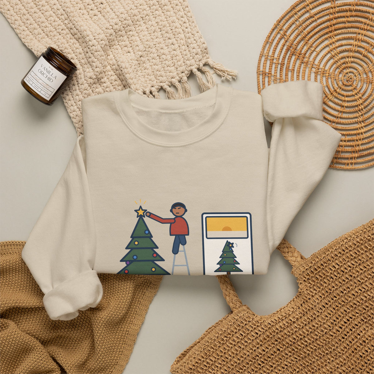 Christmas Tree Star Sweatshirt, Twenty Minutes on the Ladder Getting It Straight, Leaned Again by Morning, Funny Ladder and Star Crewneck