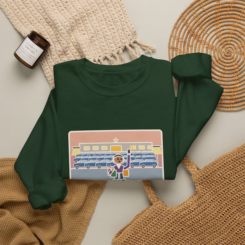 December Shopping Sweatshirt, Found a Parking Spot in Twenty Minutes, Found the Car Again in Forty, Funny Mall at Dusk Crewneck