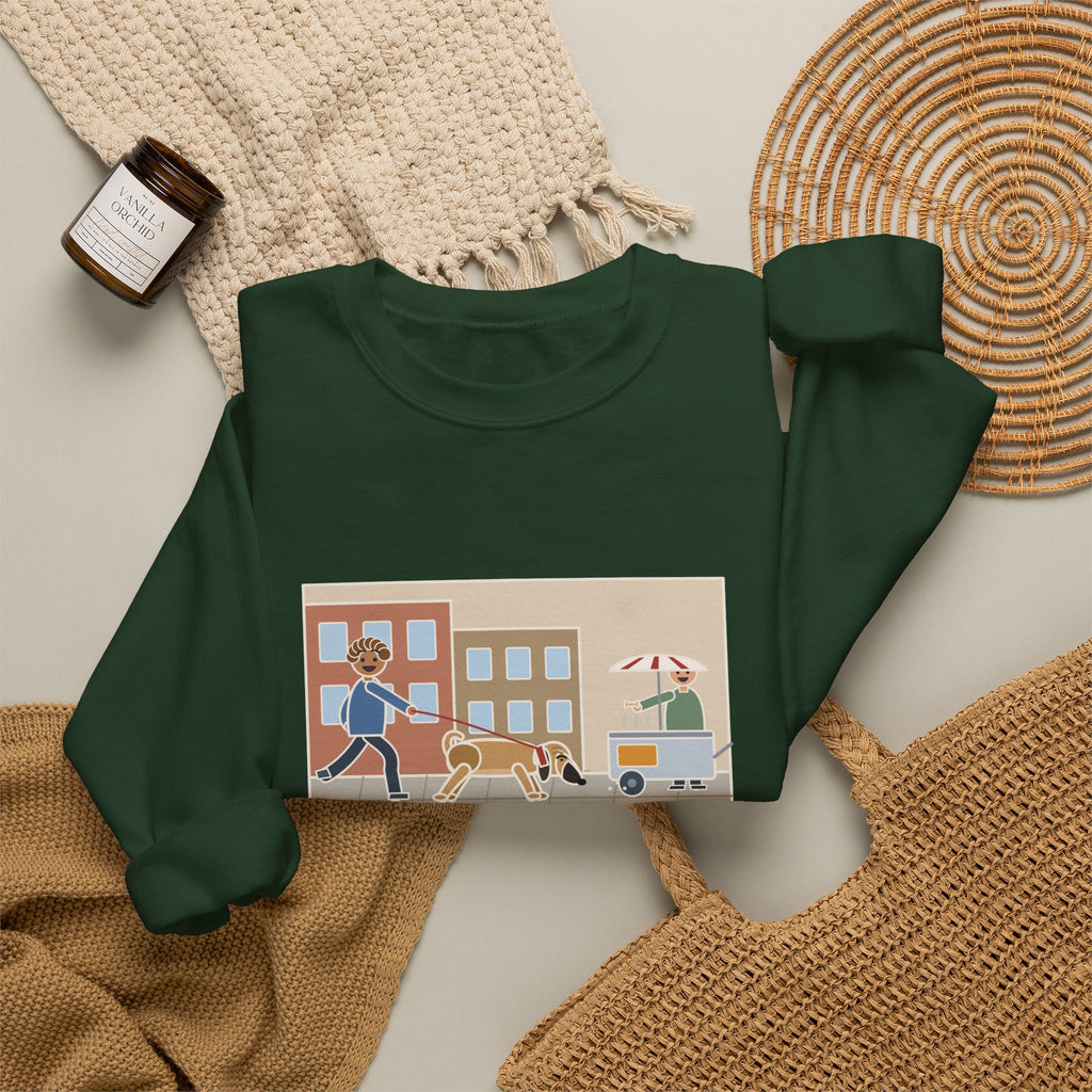 Puggle Sweatshirt, Caught a Scent on the Walk, We Followed It Four Blocks to a Hot Dog Cart, Funny City Walk Crewneck