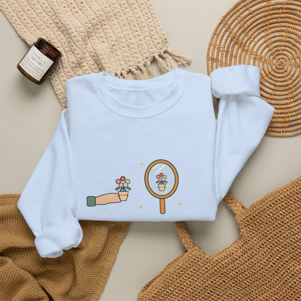To Love Oneself Is the Beginning of a Life-Long Romance Sweatshirt, Self-Love Oscar Wilde Quote Crewneck with Mirror Bouquet