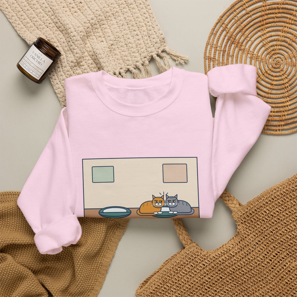 Two Cats Sweatshirt, Two Identical Beds, Both Cram into the Same One and Glare, Funny Bed Standoff Crewneck