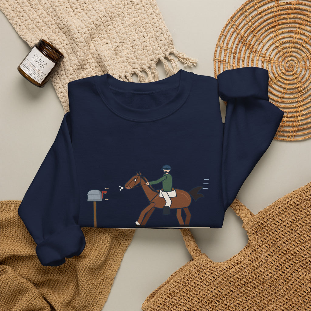Horse Riders Crewneck Sweatshirt - Spooked at the Mailbox He Passes Daily