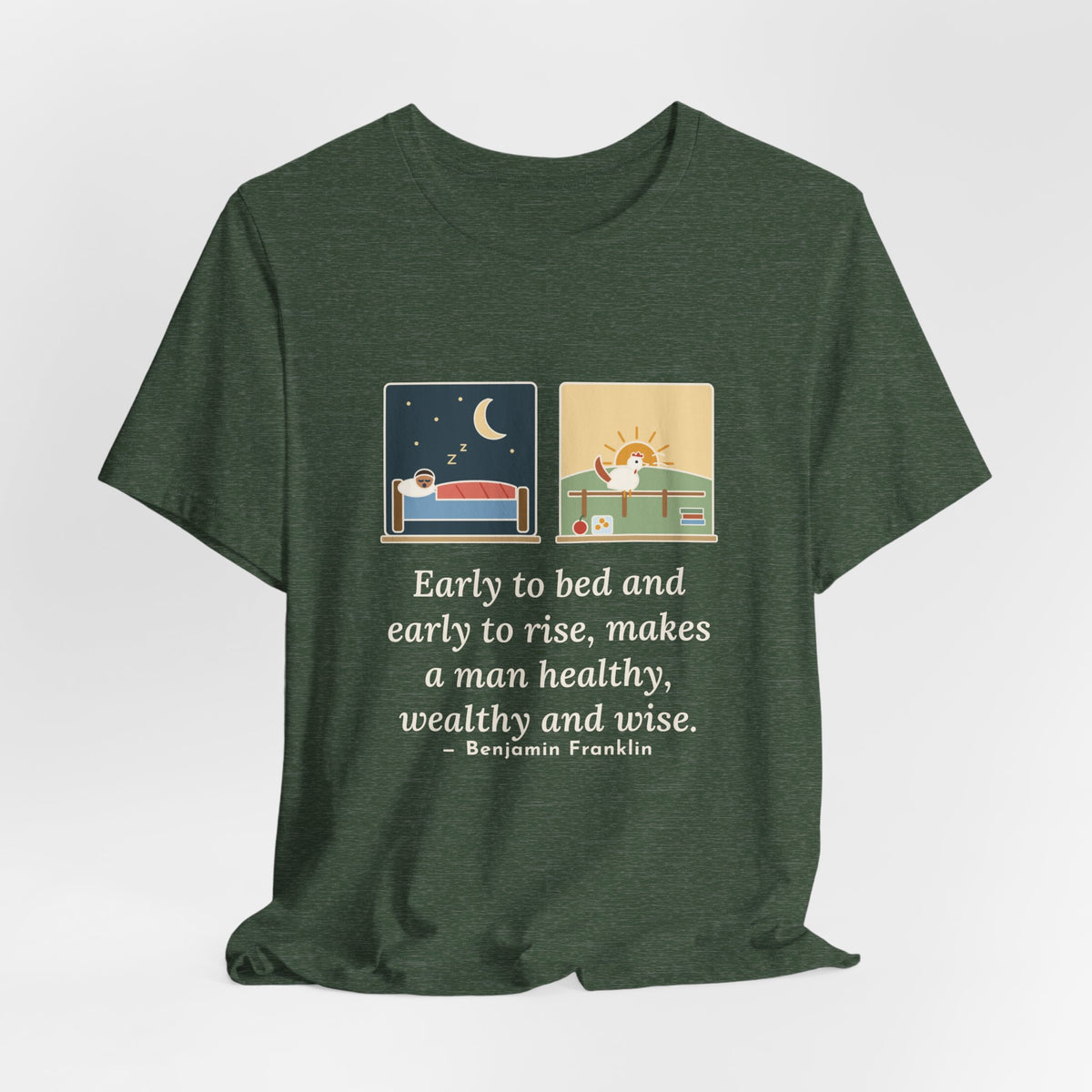Franklin Wisdom Quote T-Shirt, Early to Bed and Early to Rise, Early Riser Moon and Rooster Tee