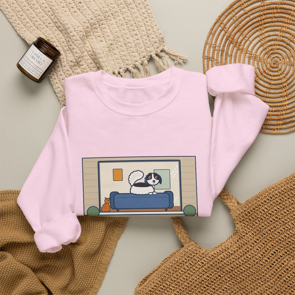 Japanese Chin Sweatshirt, Perched on the Back of the Couch Like a Cat, Watching the Street, Funny Window Lookout Crewneck