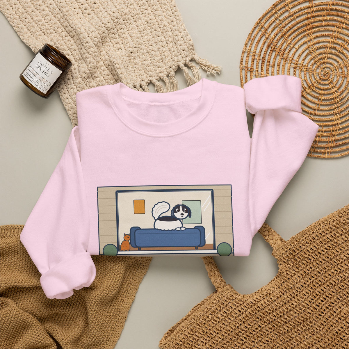 Japanese Chin Sweatshirt, Perched on the Back of the Couch Like a Cat, Watching the Street, Funny Window Lookout Crewneck