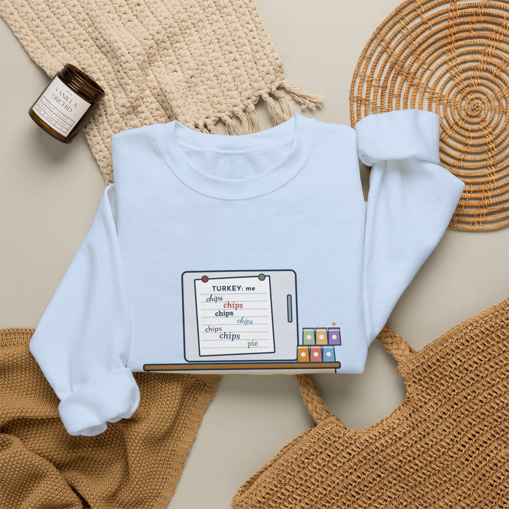 Friendsgiving Sweatshirt, Sign-Up Sheet, Eight Guests, Six Wrote Chips, Funny Potluck Sheet Crewneck