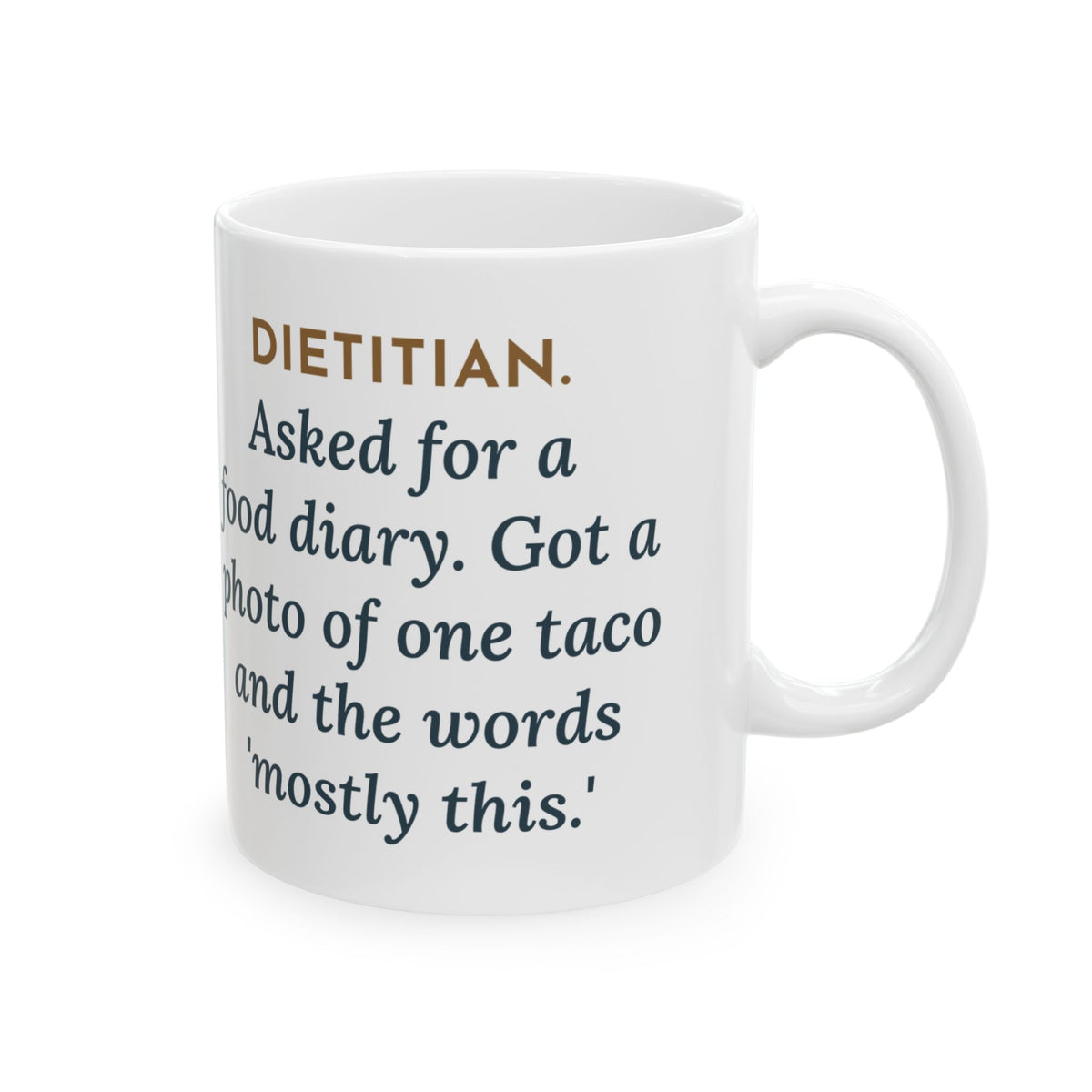 Dietitian Mug, Asked for a Food Diary, Got a Photo of One Taco and the Words Mostly This, Funny Coffee Mug 11oz