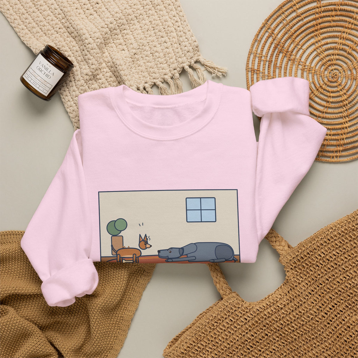 Chiweenie Sweatshirt, Ten Pounds, Guarded His Chew from a Great Dane, Funny Living Room Standoff Crewneck