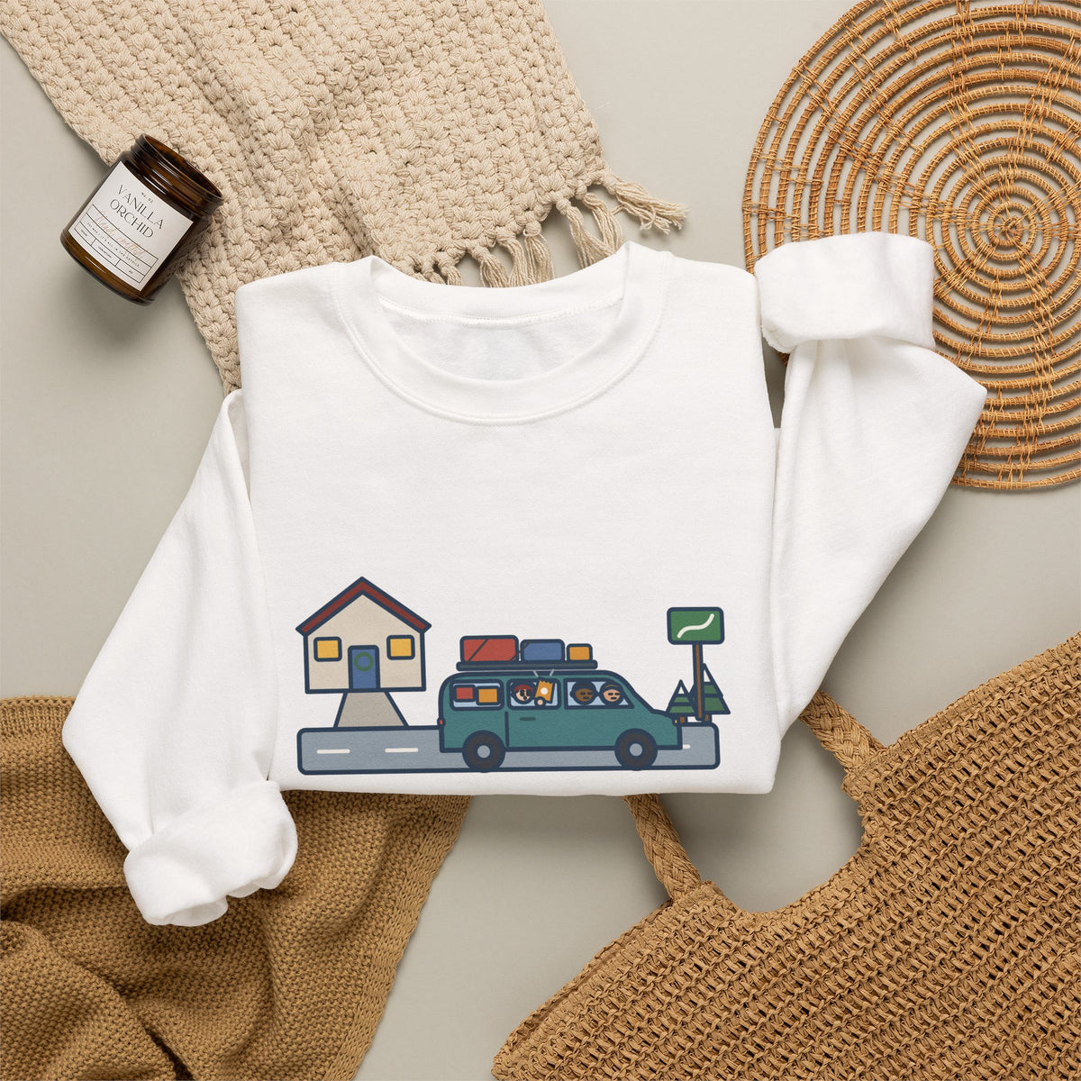 Holiday Road Trip Sweatshirt, Six-Hour Drive to Grandma's, First Snack Request at the End of Our Street, Funny Driveway Departure Crewneck