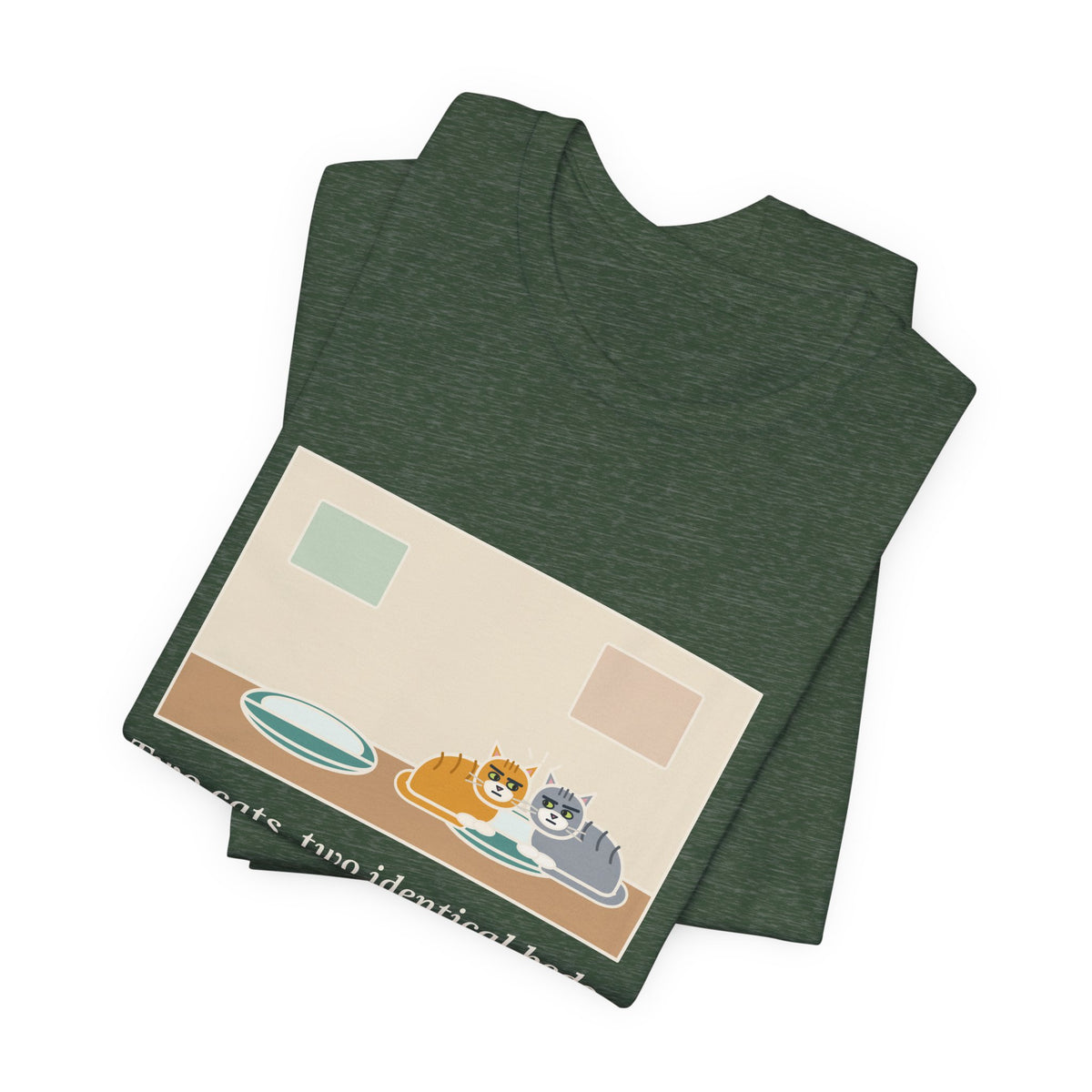 Funny Two Cats T-Shirt, Two Identical Beds, Both Cram into the Same One and Glare, Bed Standoff Tee