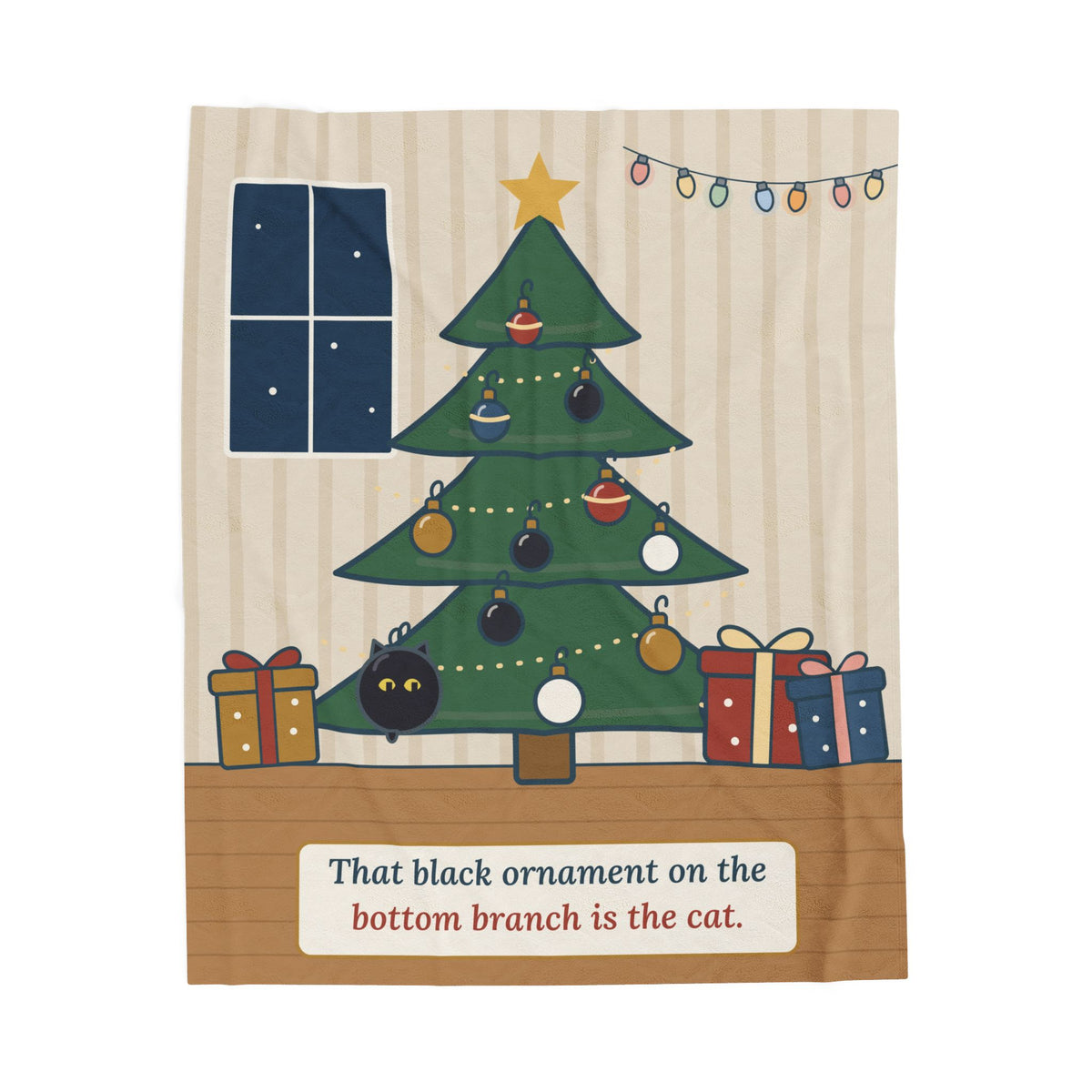 Black Cat Christmas Blanket - That Black Ornament on the Bottom Branch Is the Cat