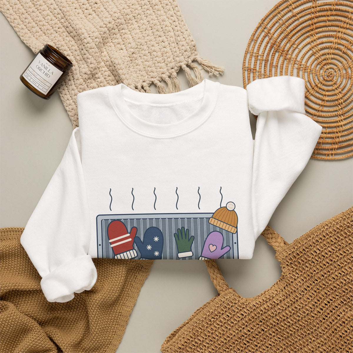 Snow Day Crewneck Sweatshirt - Mittens Drying on Every Vent Winter Sweatshirt