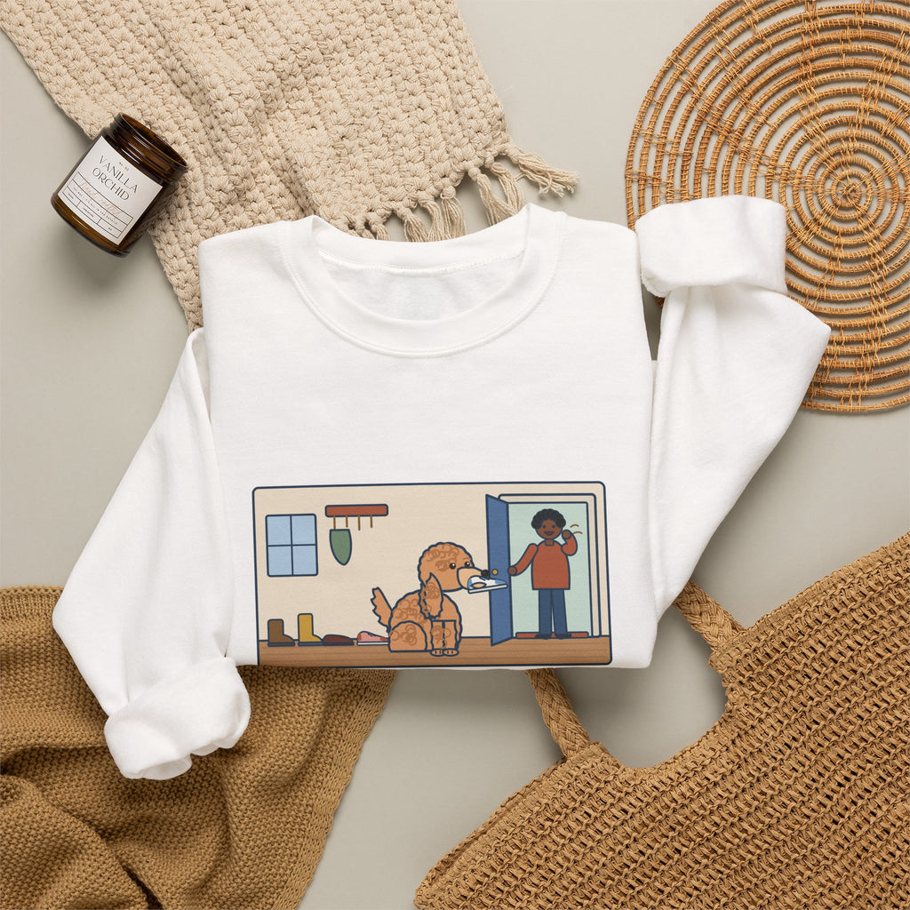 Cockapoo Sweatshirt, Brings One Shoe to Every Guest at the Door, Never the Pair, Funny Front Door Greeting Crewneck