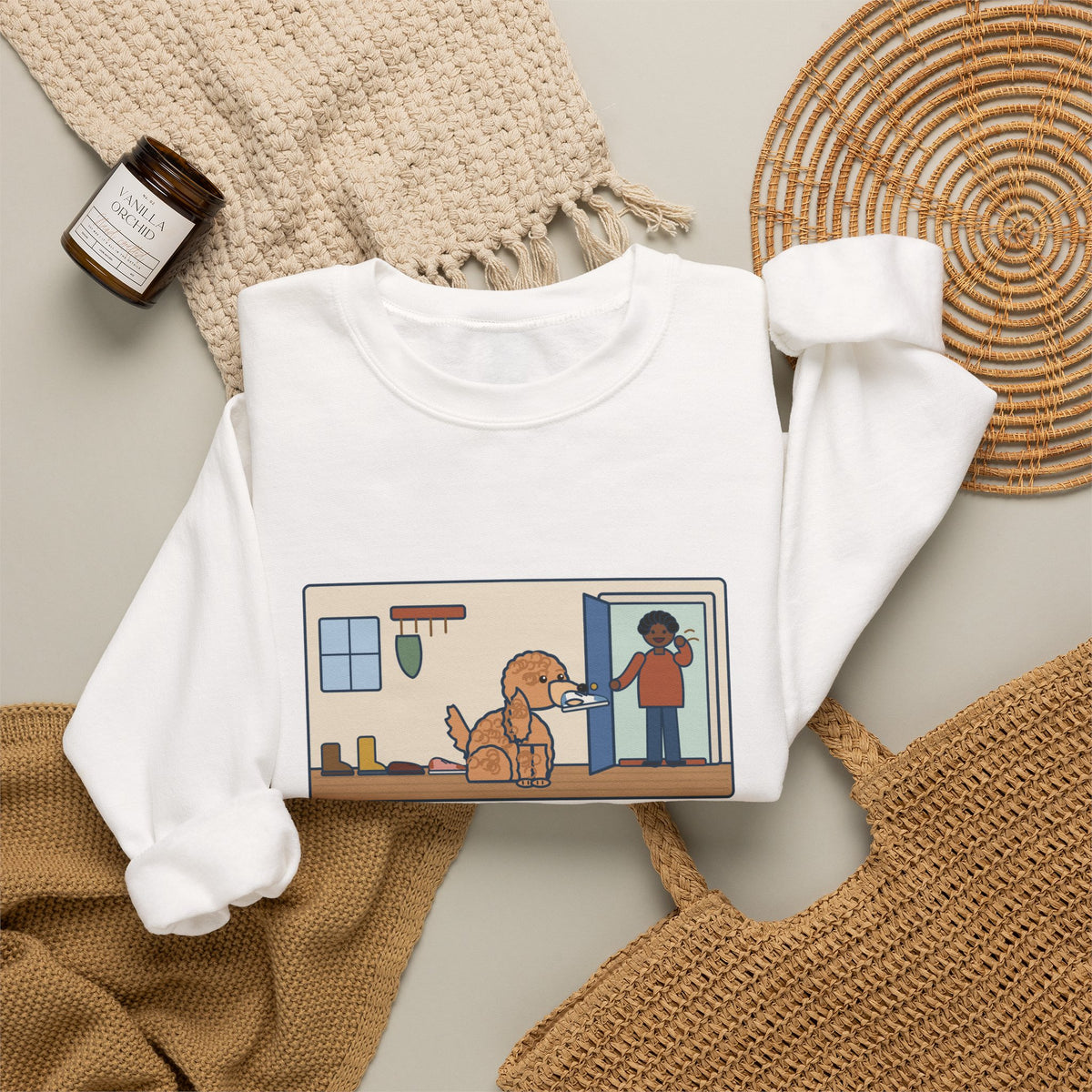 Cockapoo Sweatshirt, Brings One Shoe to Every Guest at the Door, Never the Pair, Funny Front Door Greeting Crewneck