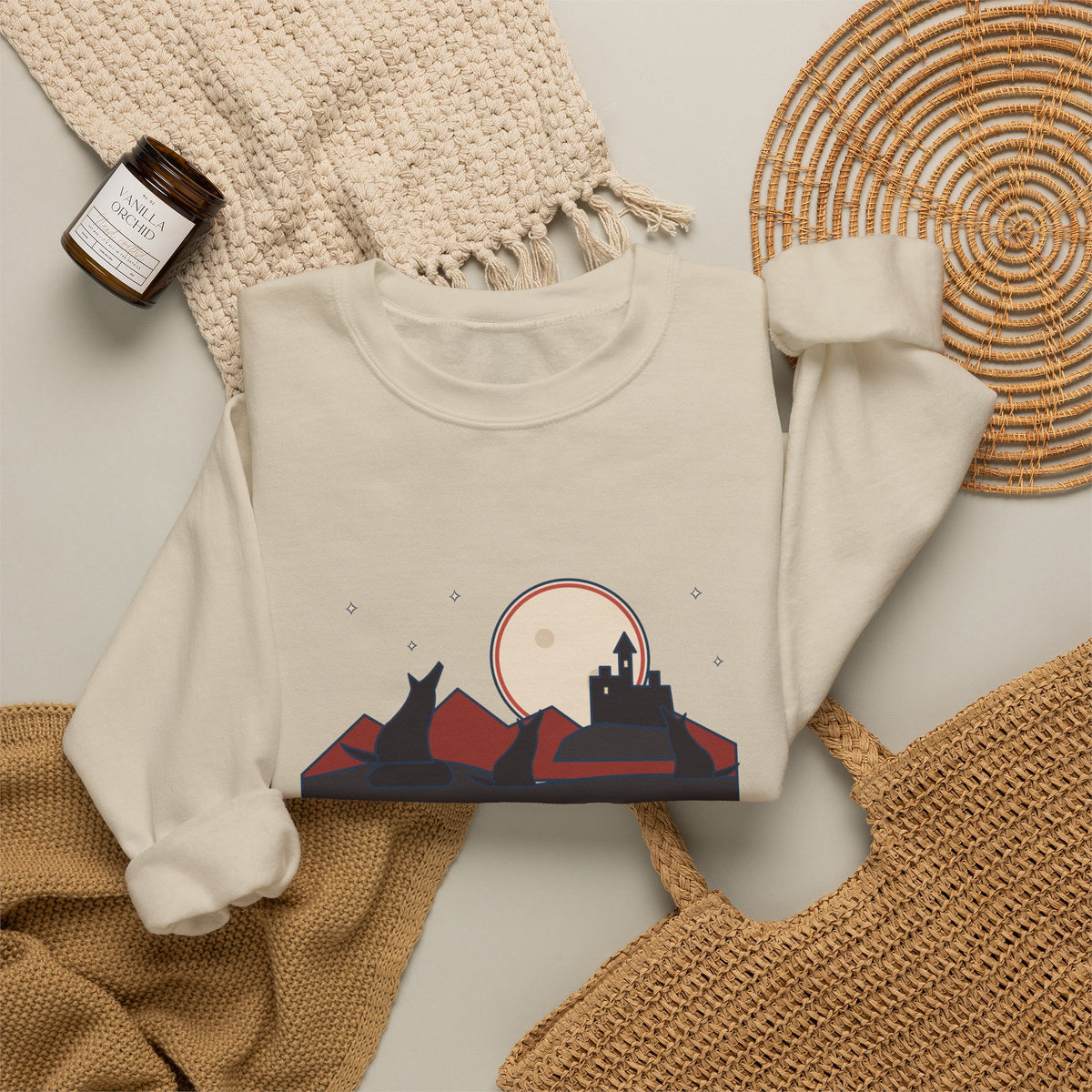 The Children of the Night Sweatshirt, Gothic Bram Stoker Quote Crewneck with Wolves and Red Moon