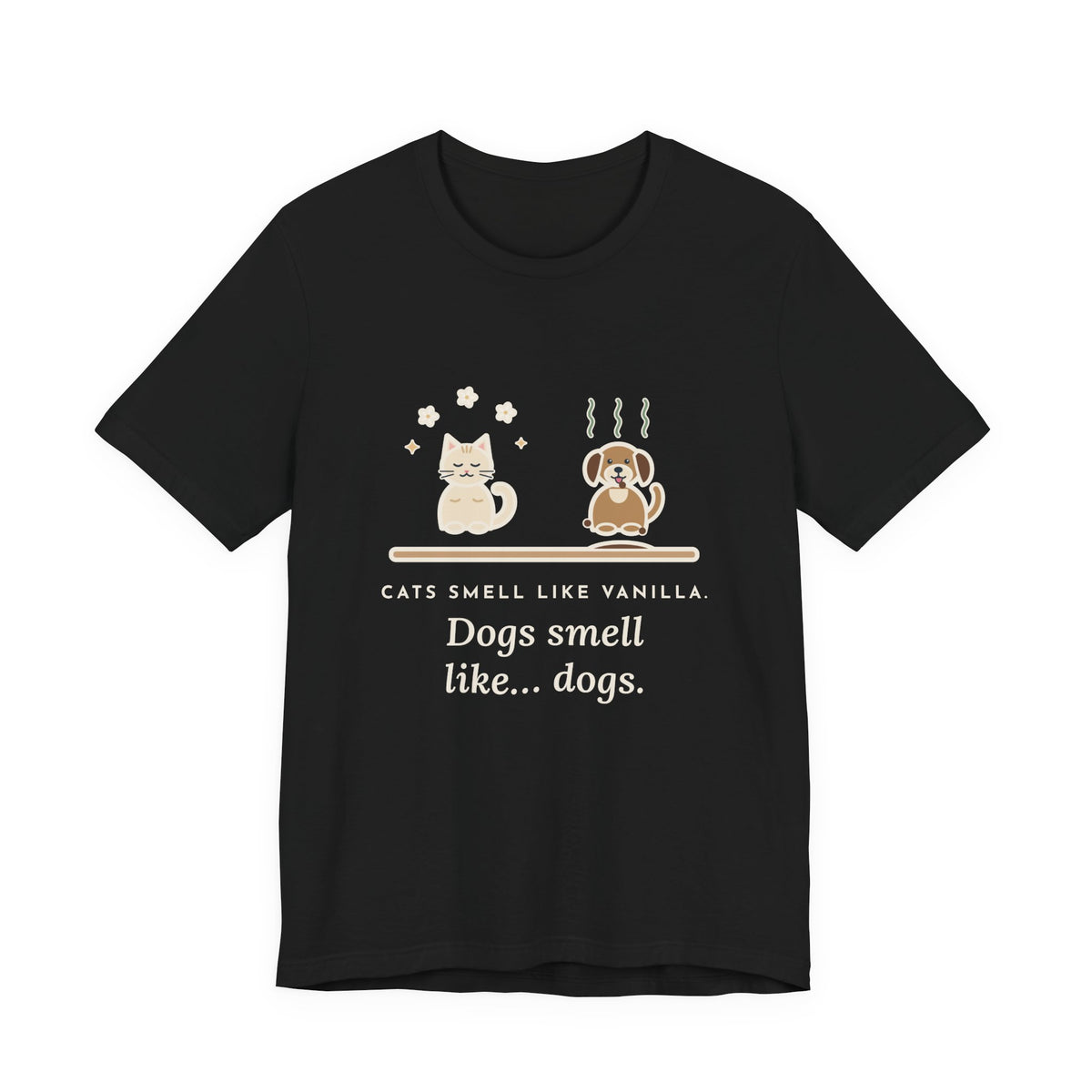 Funny Pet Humor T-Shirt, Cats Smell Like Vanilla, Dogs Smell Like Dogs, Original Illustrated Shirt