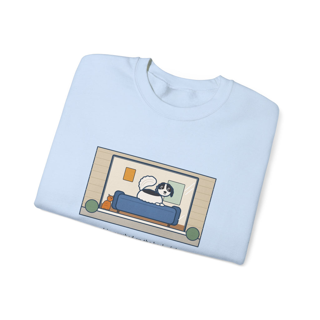 Japanese Chin Sweatshirt, Perched on the Back of the Couch Like a Cat, Watching the Street, Funny Window Lookout Crewneck