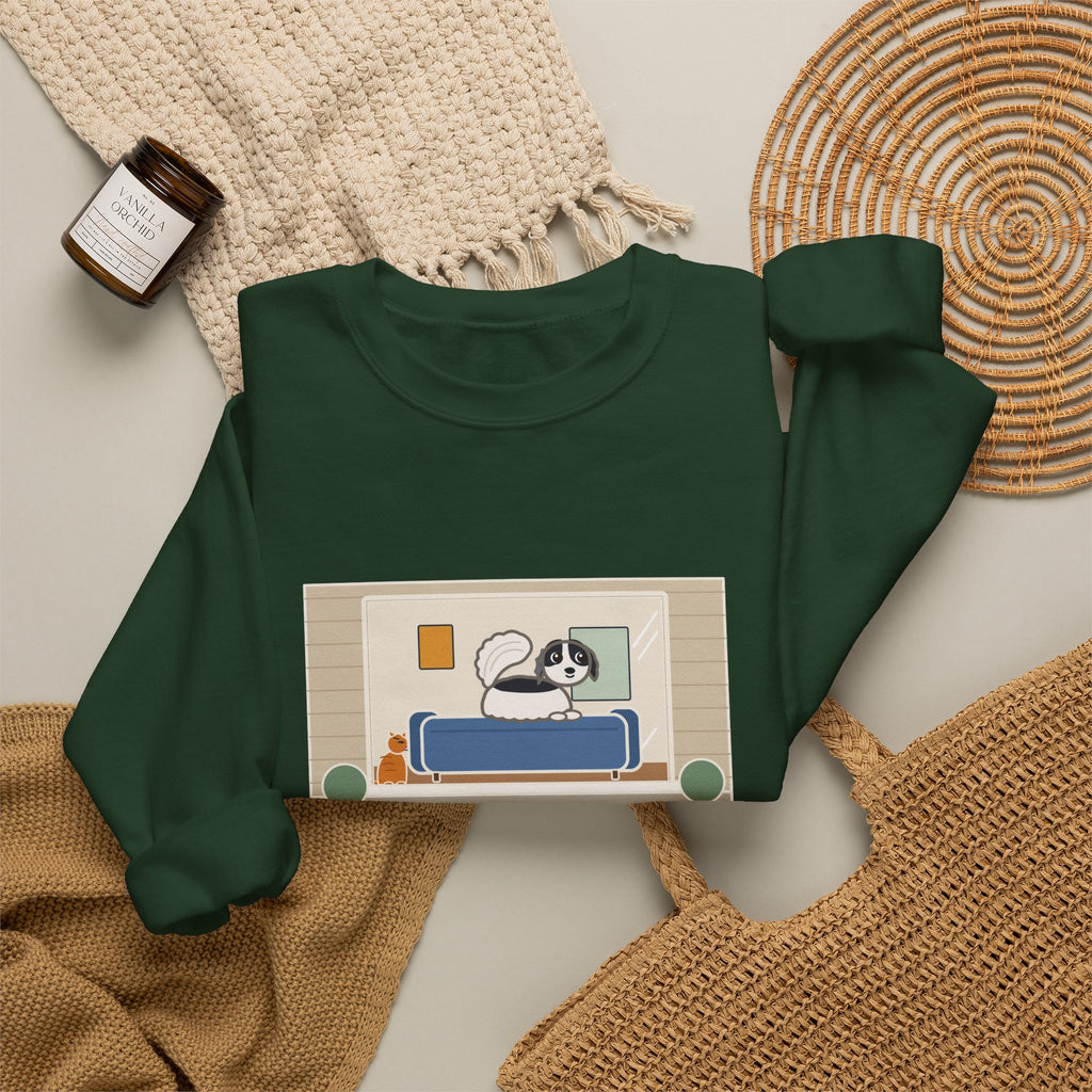 Japanese Chin Sweatshirt, Perched on the Back of the Couch Like a Cat, Watching the Street, Funny Window Lookout Crewneck