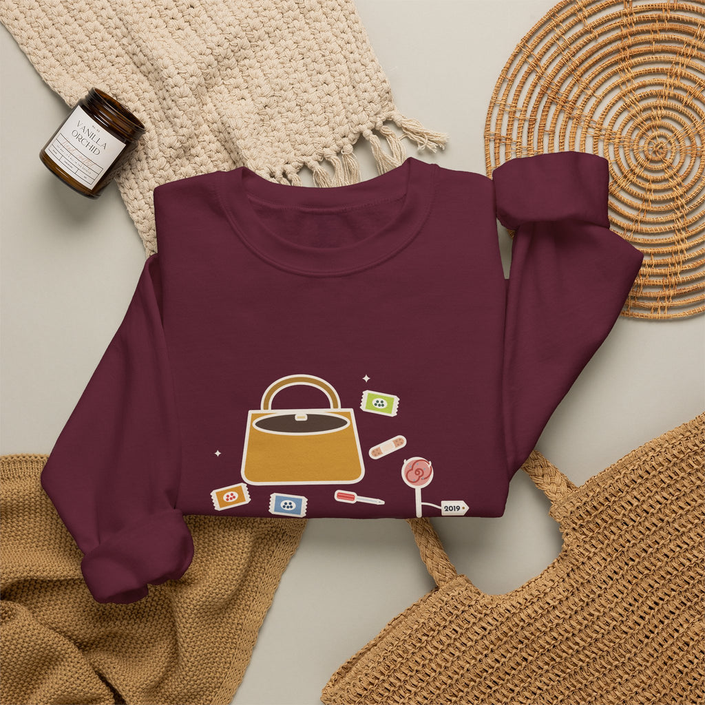 Mom Sweatshirt, Mom's Purse, Three Snacks, a Bandage, a Screwdriver and a Very Old Lollipop, Funny Purse Flat-Lay Crewneck