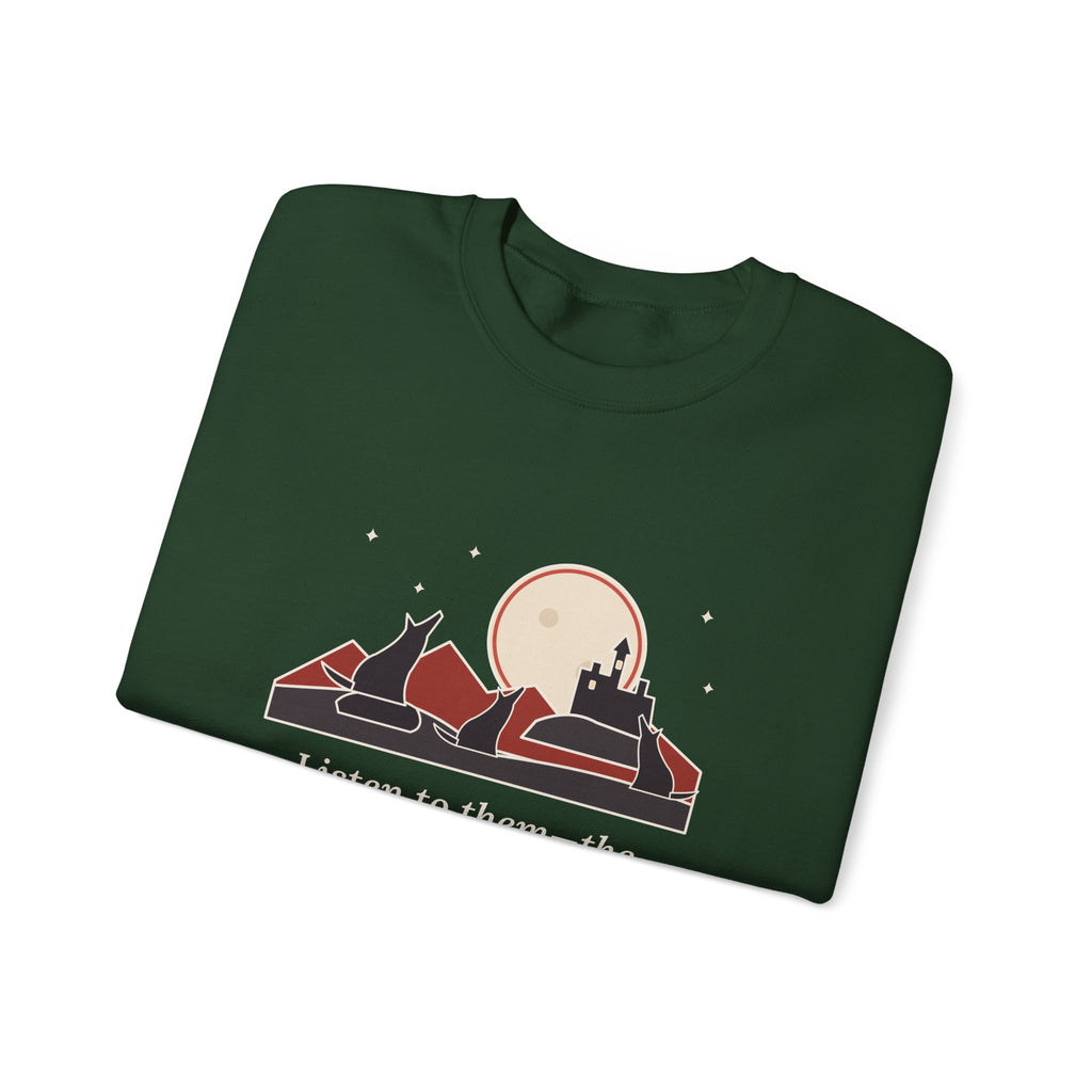 The Children of the Night Sweatshirt, Gothic Bram Stoker Quote Crewneck with Wolves and Red Moon