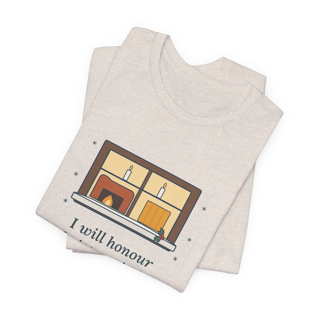 Dickens Quote T-Shirt, I Will Honour Christmas in My Heart, Christmas Candlelit Window Tee