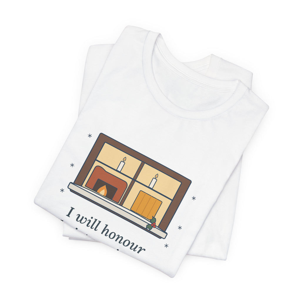 Dickens Quote T-Shirt, I Will Honour Christmas in My Heart, Christmas Candlelit Window Tee